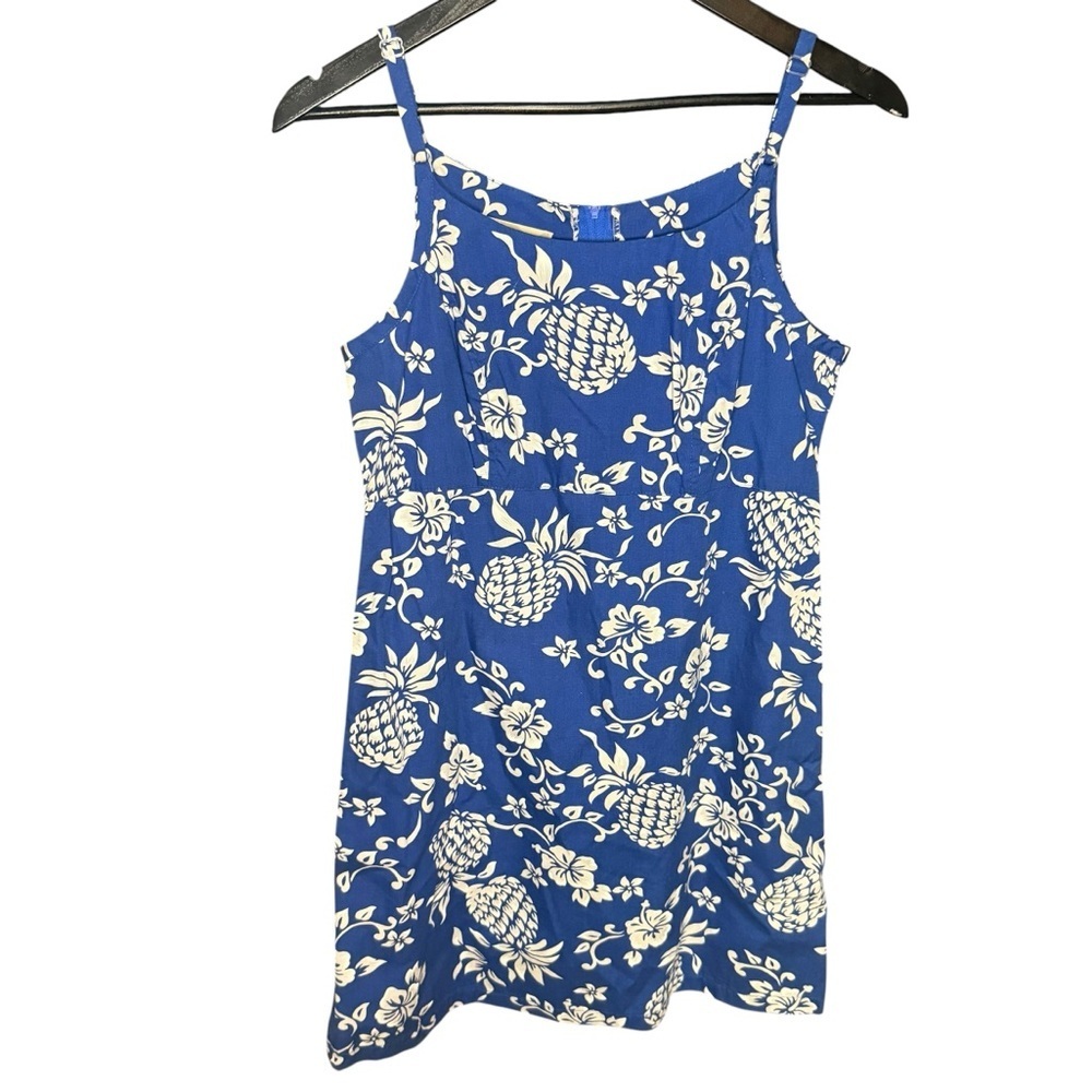 Hilo Hattie Small 100% Cotton Hawaiian Dress Blue White Tropical Resortwear